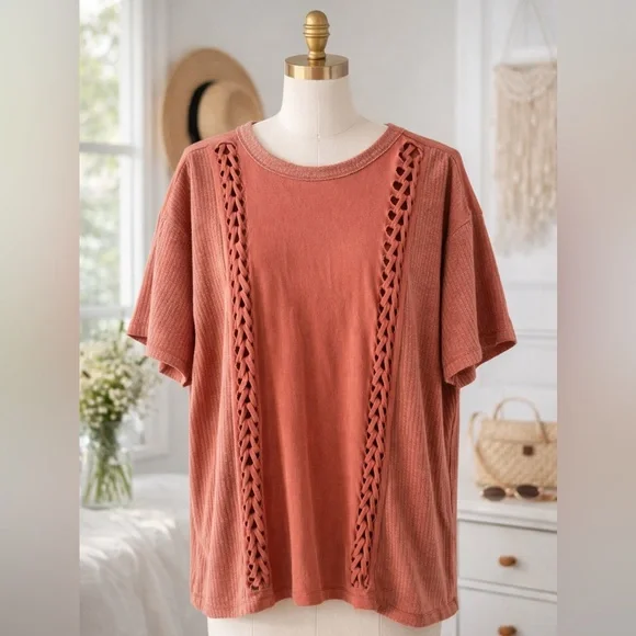 Gilded Intent Terracotta Lattice Detail Short Sleeve Top Size Medium Boho Knit - Picture 2 of 6
